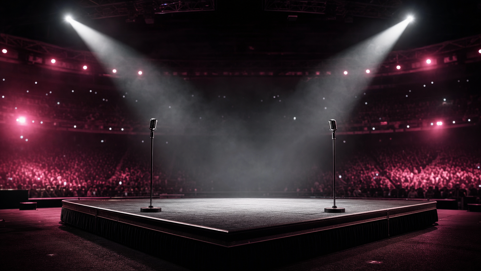 An empty arena stage under crossing spotlights with two microphones facing each other