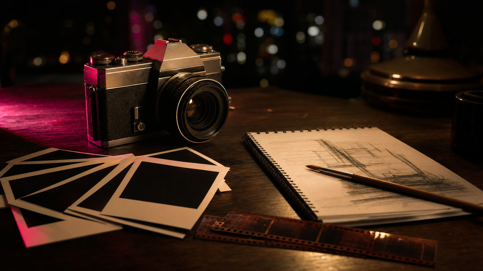A vintage film camera beside scattered instant photos and an artist sketchbook by lamplight
