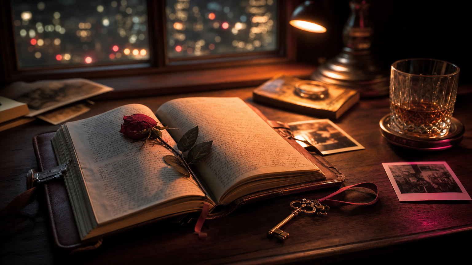 A leather journal, pressed rose and brass key on a desk at night