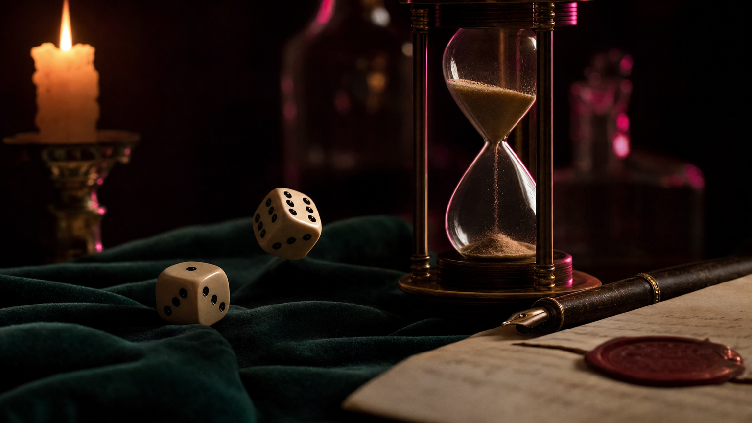 Two dice mid-roll beside an hourglass and a sealed letter by candlelight