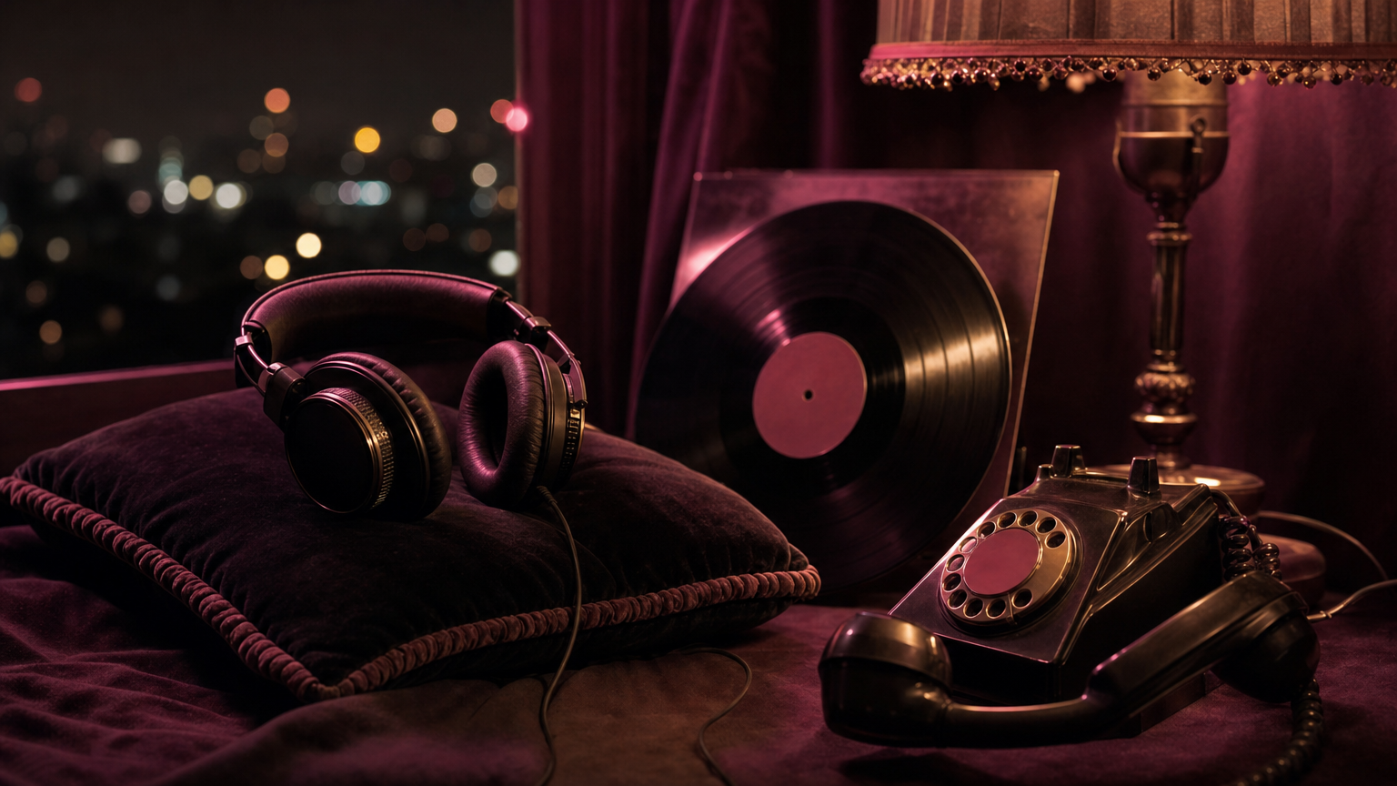 Studio headphones on a velvet pillow beside a vintage telephone off the hook by lamplight