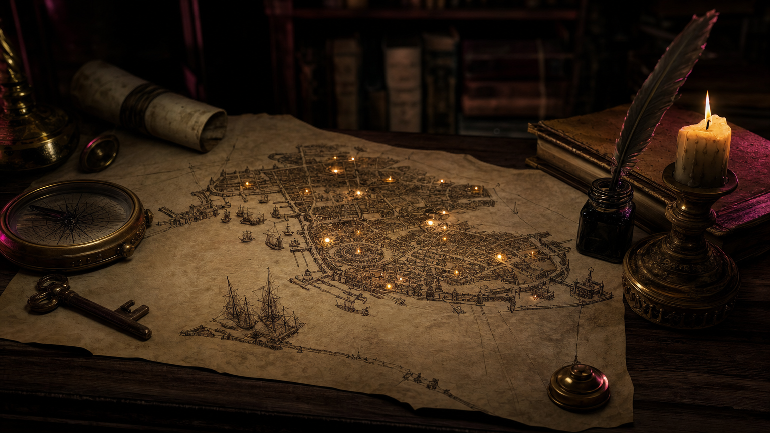 A hand-drawn map of a harbour city on a desk by candlelight